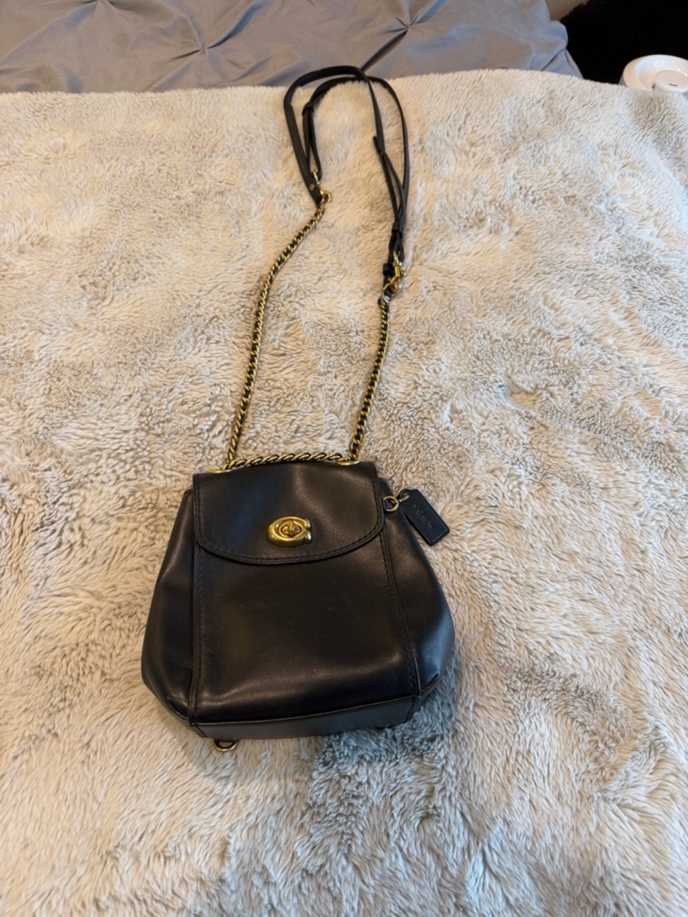Coach Black Leather Crossbody with Gold Chain Accent